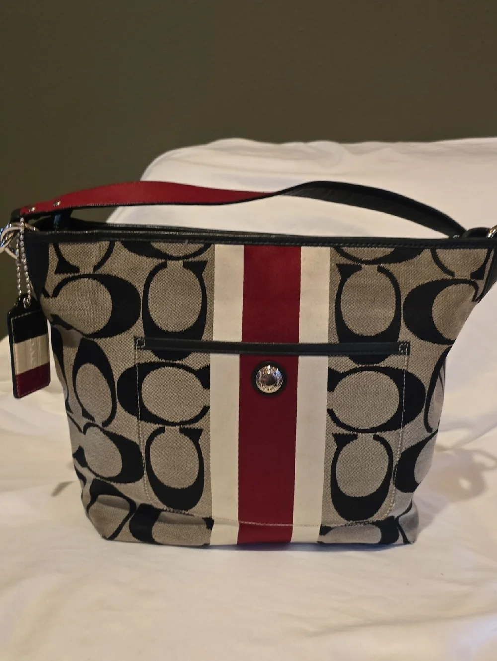 Coach Canvas Shoulder Bag in Red, Tan, Cream & Black. 14'W × 11' Tall.